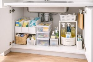 ファイルボックスやケースで整理されたシンク下収納の様子