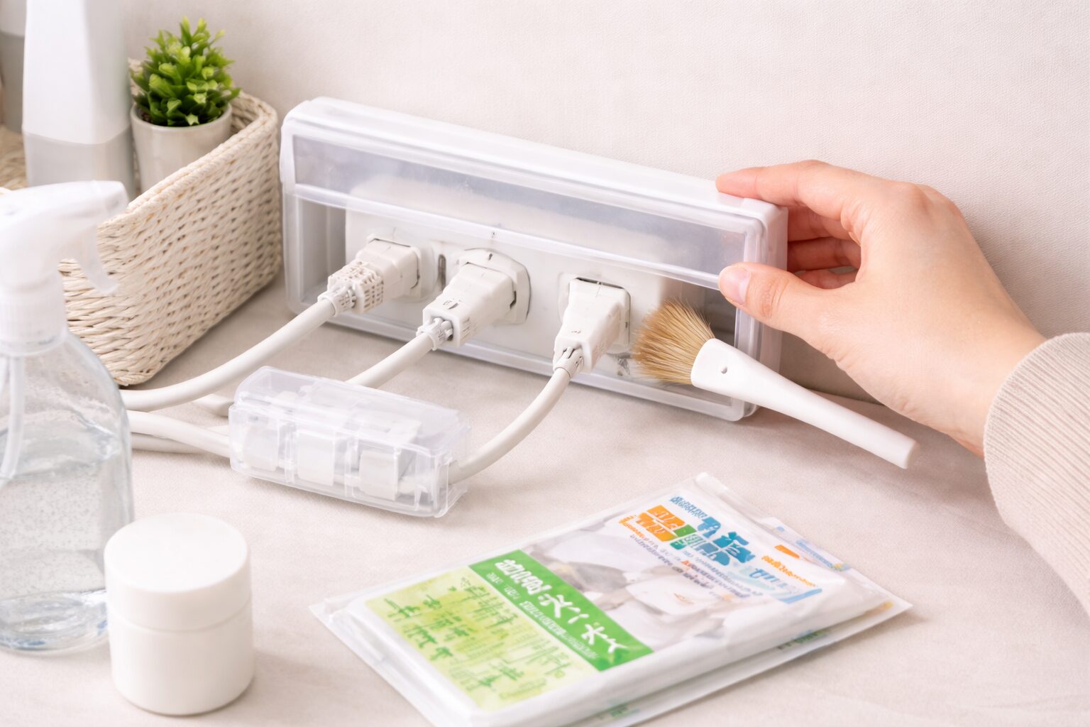 コンセント周りのホコリをブラシで掃除しカバーを取り付けている様子