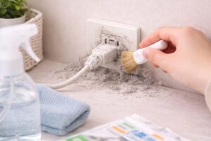 コンセント周りにたまったホコリをブラシで取り除いている様子