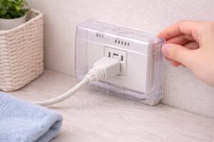 コンセントにホコリ防止カバーを取り付けている様子