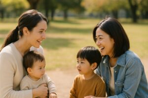 公園で子どもと過ごす2人のママが笑顔で会話している様子