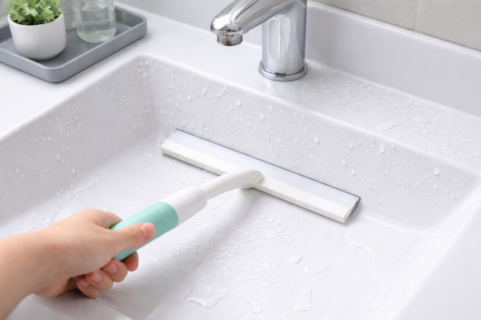 洗面台の水滴をスクイージーで拭き取っている様子