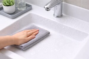 洗面台の水滴をマイクロファイバークロスで拭き取っている様子