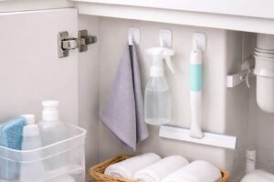 洗面台下の扉裏にフックを付けて掃除用クロスや道具を収納している様子