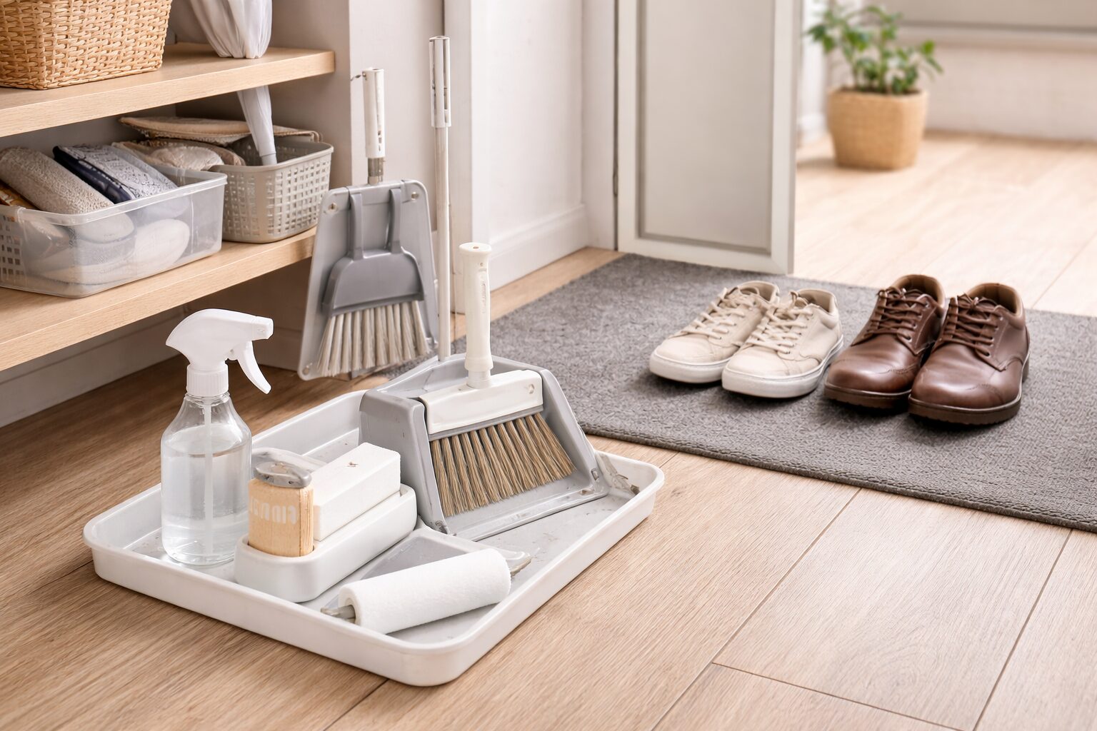 玄関のたたきにミニほうきとちりとりを置いて掃除しやすく整えた様子