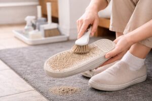玄関で靴裏についた砂をブラシで落としている様子