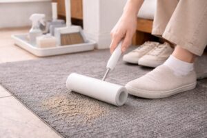 玄関マットの砂やホコリを粘着クリーナーで掃除している様子