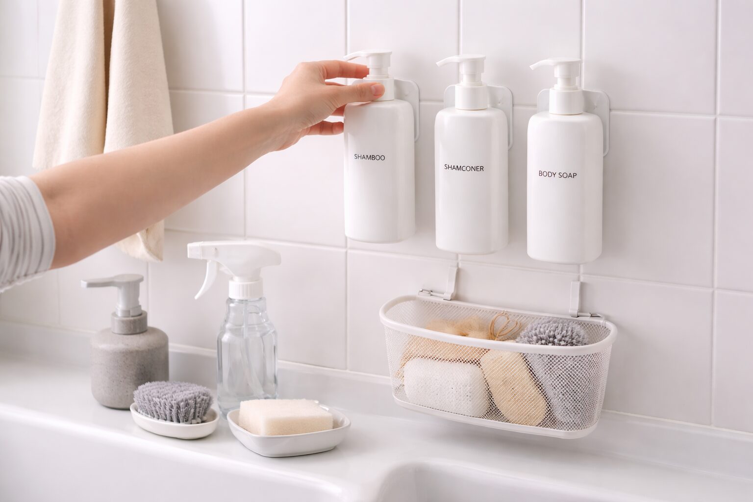 浴室の壁にシャンプーボトルをフックで浮かせて収納している様子