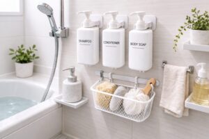 浴室の壁にシャンプーボトルをフックで浮かせて収納している様子