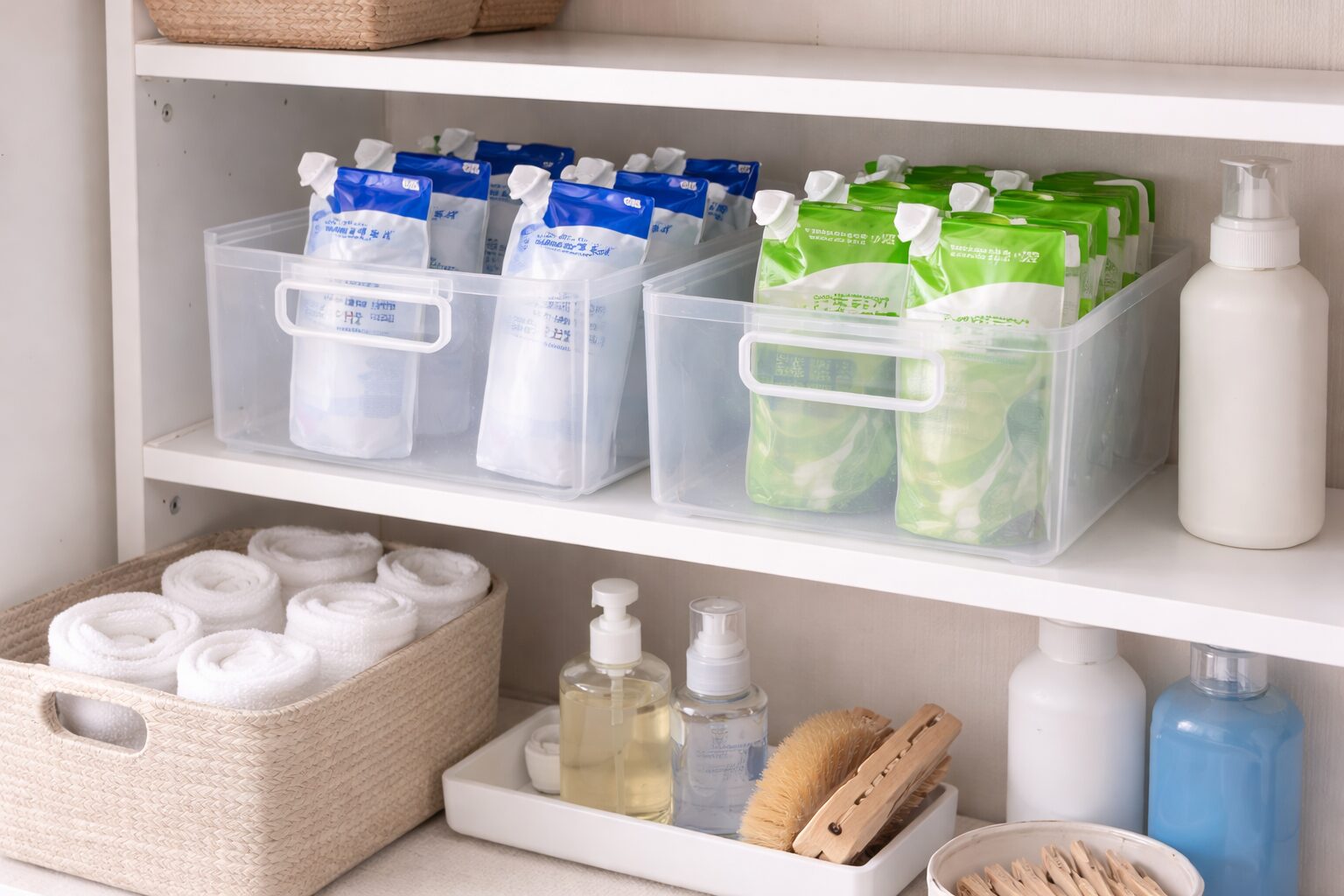 ランドリー棚で洗濯洗剤の詰め替えパックをケースに立てて整理している様子