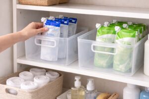 ランドリー棚で洗濯洗剤の詰め替えパックをケースに立てて整理している様子