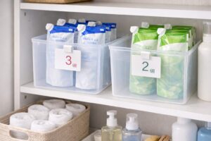 ランドリー棚で洗濯洗剤と柔軟剤の詰め替えパックをケースに分けて収納している様子