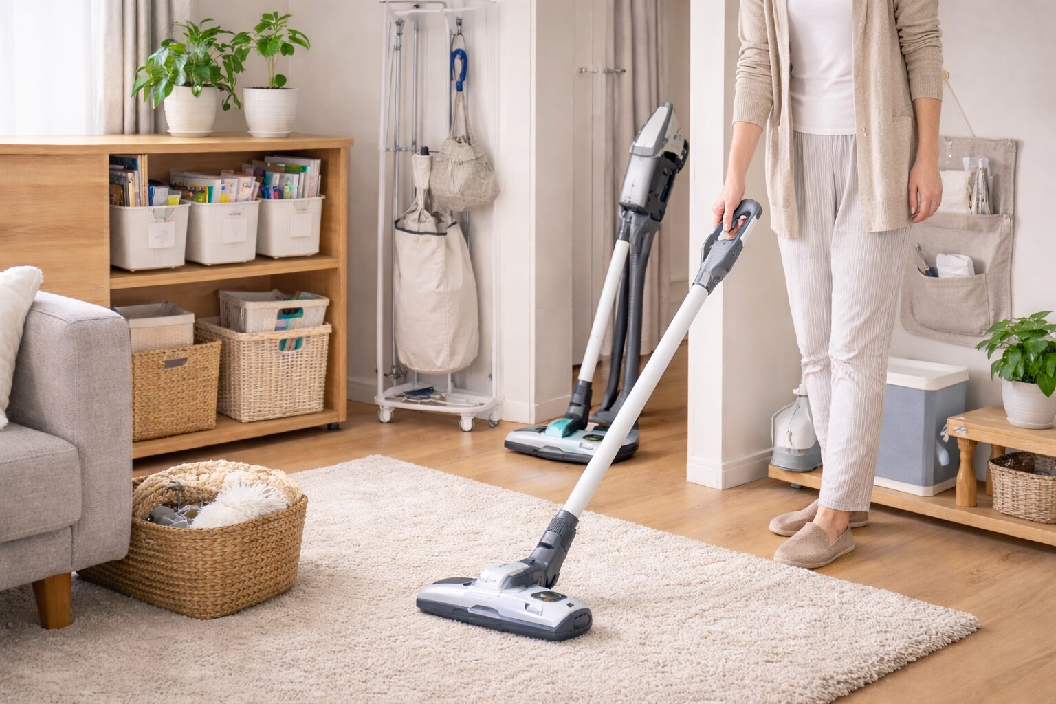 リビングで人が掃除機をかけながら床をきれいにしている様子