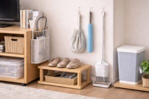 リビングの壁面収納とかごを使って小物を整理している様子