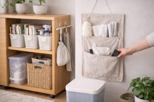 リビングの壁面ポケット収納にリモコンや小物をまとめている様子