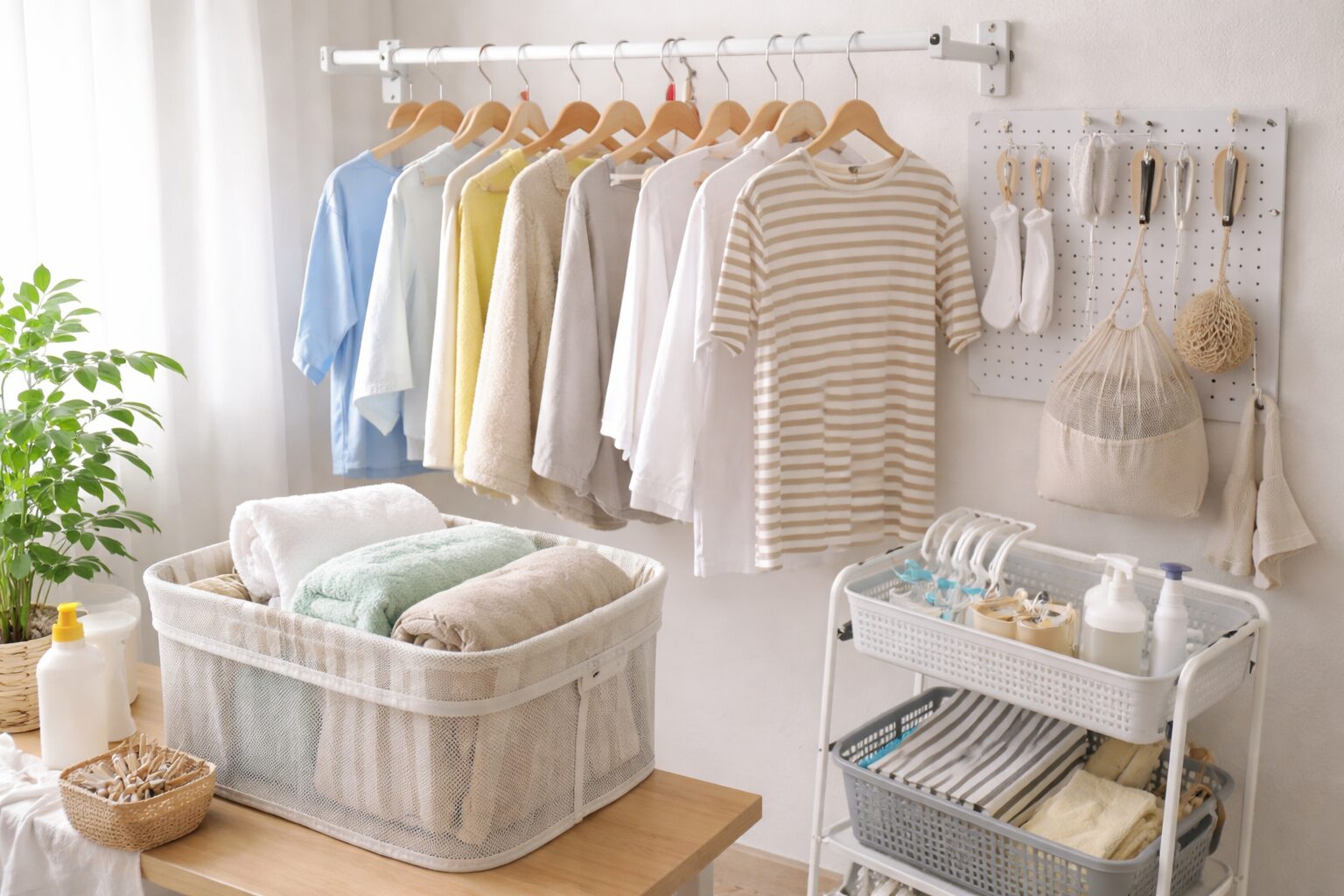 ランドリーでハンガーに掛けた洗濯物とバスケットを使って干す準備を整えている様子