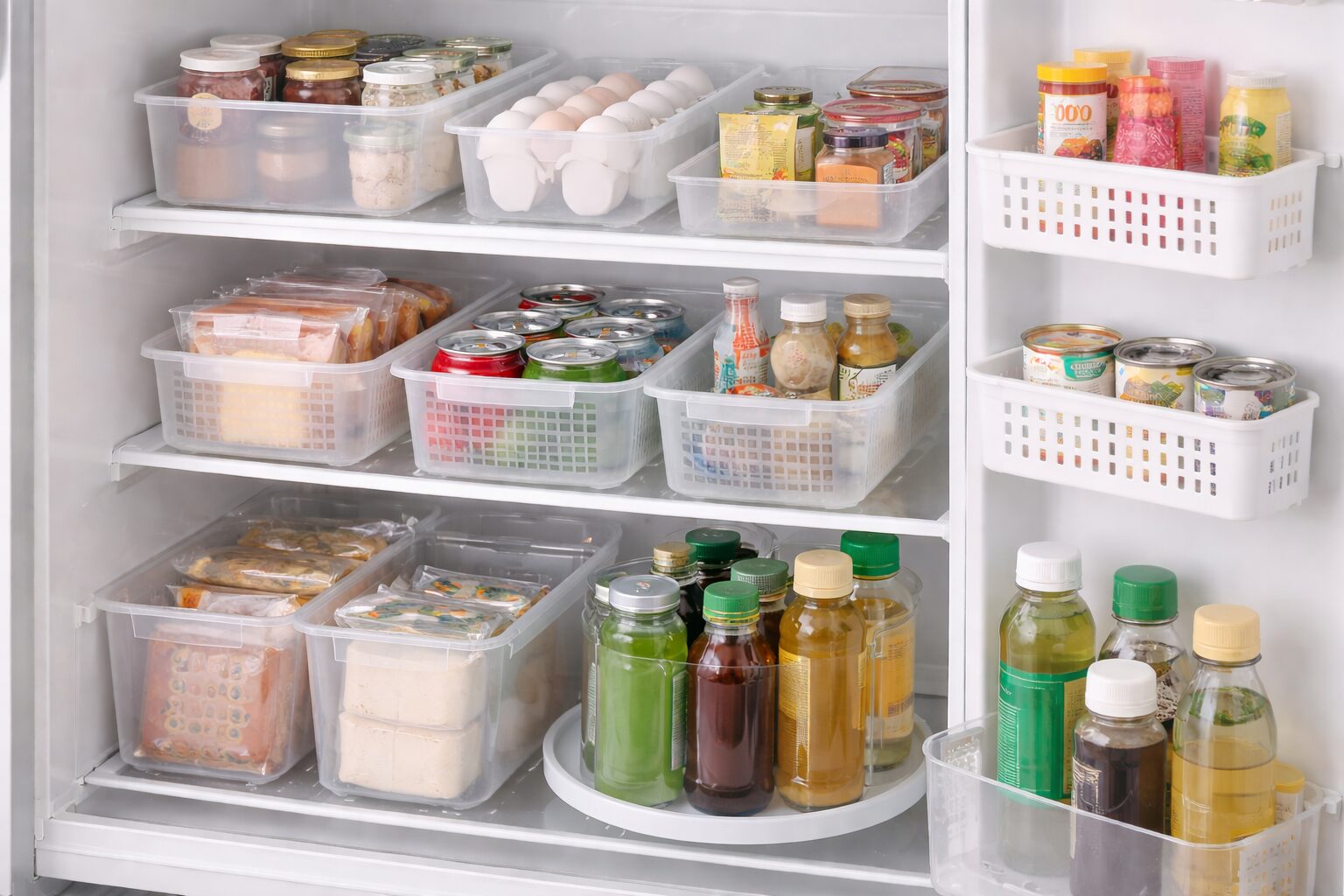 整理ケースを使って食品や調味料を種類ごとに分けて収納している冷蔵庫内の様子