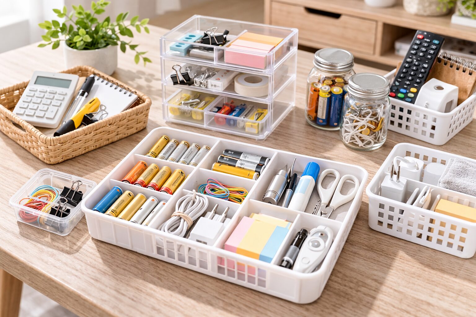 仕切りケースを使って電池やケーブル、小物類を種類別に整理している様子