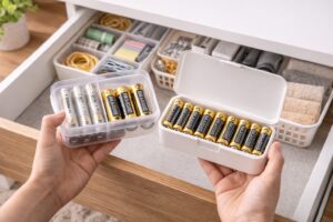 電池を収納ケースにまとめて引き出し内で管理している様子