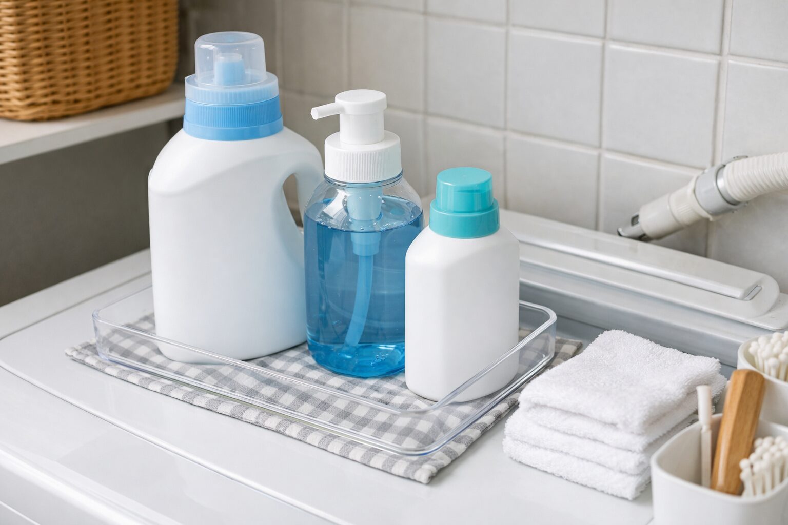 洗濯機の上に透明トレーを置き、洗濯洗剤ボトルやポンプボトルを整然と並べている様子