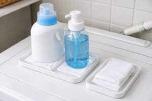 洗濯洗剤ボトルを小さなトレーとタオルの上に置いてベタつきを防いでいる様子