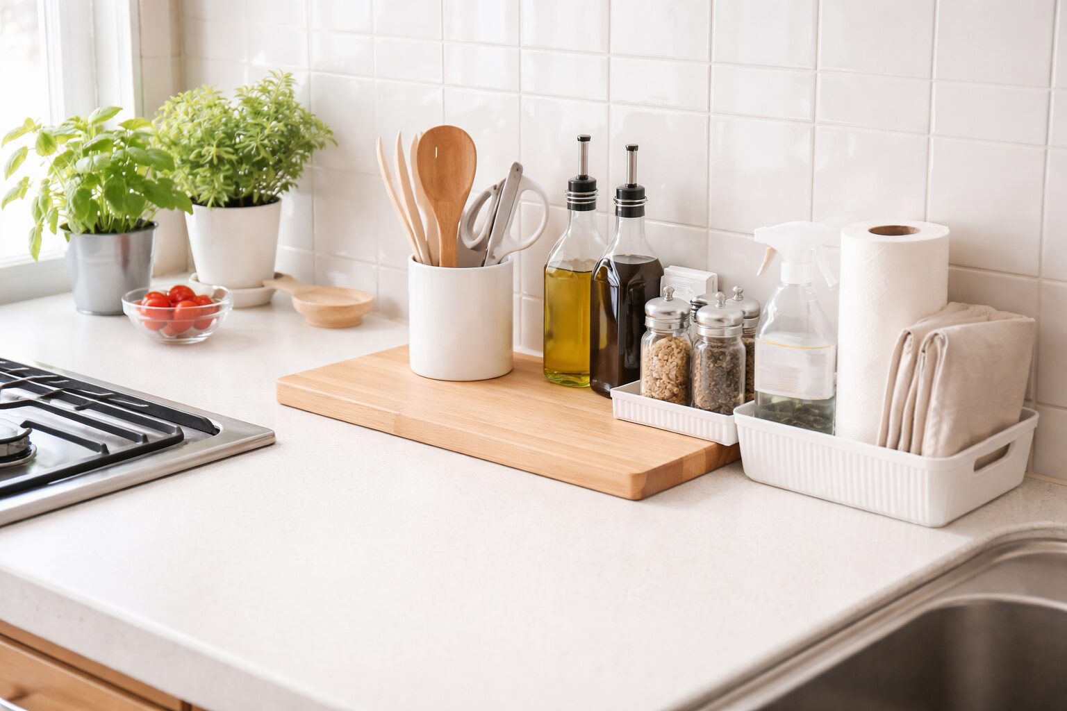 整理されたキッチンの作業台に、トレーや調味料、キッチンツールがすっきり配置されている様子