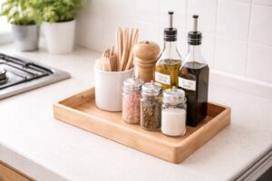 キッチンの作業台で調味料や小物をトレーにまとめて配置している様子