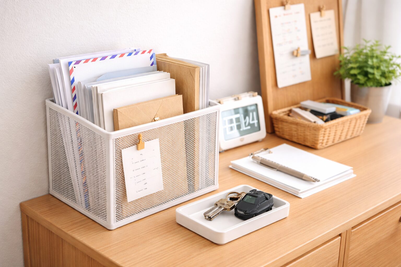 書類や封筒をファイルボックスにまとめ、トレーに鍵を置いて一時置きスペースを整えている様子