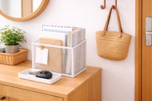 玄関付近の棚にファイルボックスとトレーを置き、書類や鍵の一時置きスペースを整えている様子