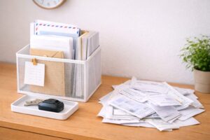 書類をファイルボックスに整理し、不要な紙類を分けて見直している様子