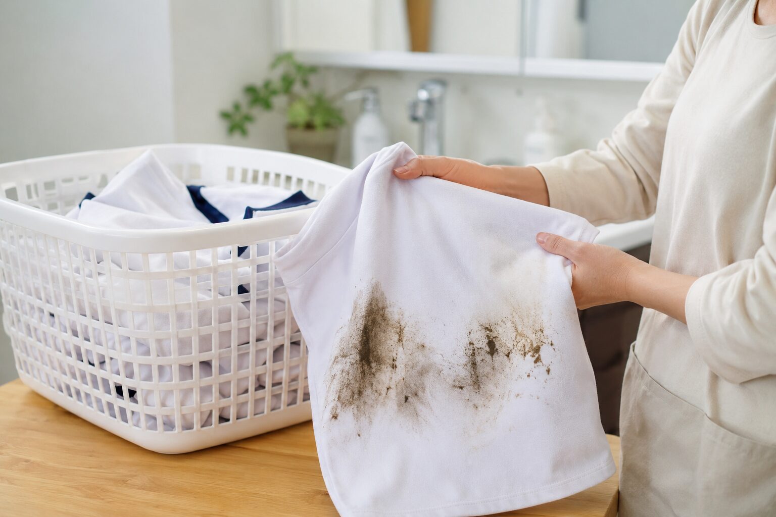 泥汚れが付いた白い体操服を手に持ち、洗濯前の状態を確認している様子