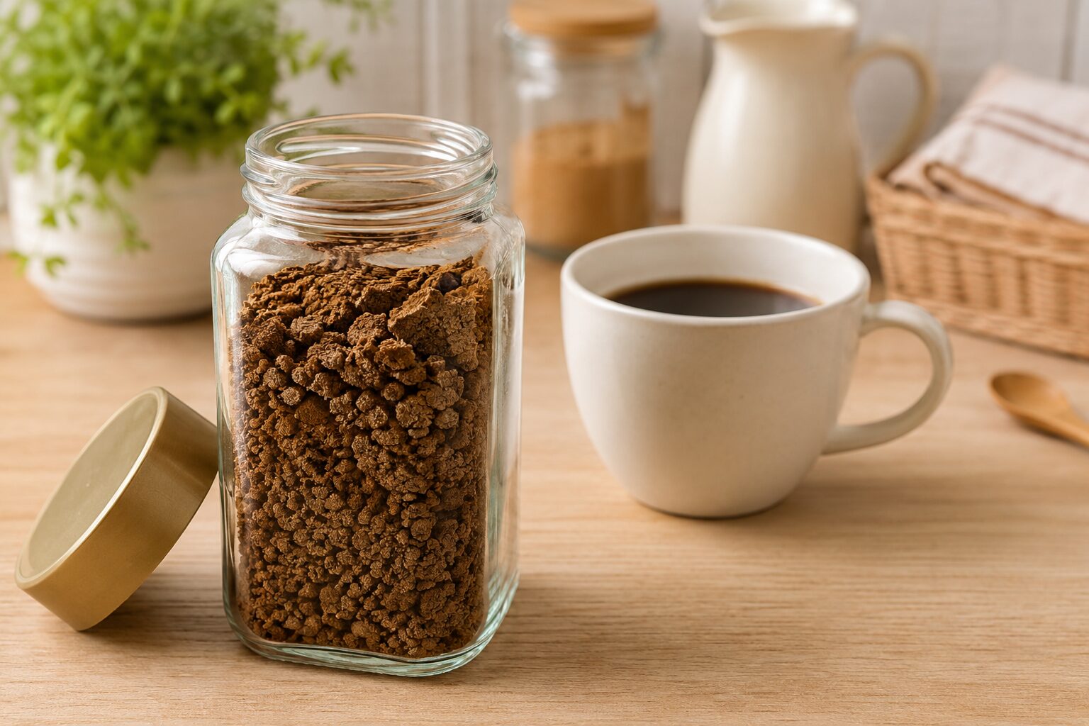 固まりかけたインスタントコーヒーが入ったガラス瓶と、隣に置かれたコーヒーカップを明るいキッチンで撮影した様子