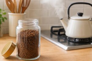 キッチンで湯気の立つやかんの近くに置かれたインスタントコーヒーの容器