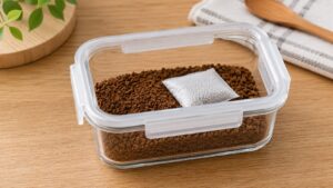 乾燥剤と一緒に密閉容器へ入れて保管しているインスタントコーヒー