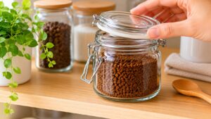 密閉できるガラス容器に入れたインスタントコーヒーを収納している様子