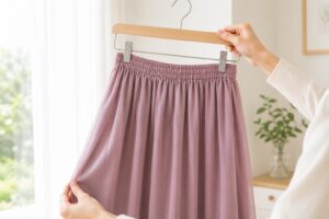 調整後のウエストゴムが入ったスカートをハンガーに掛け、状態を確認している手元
