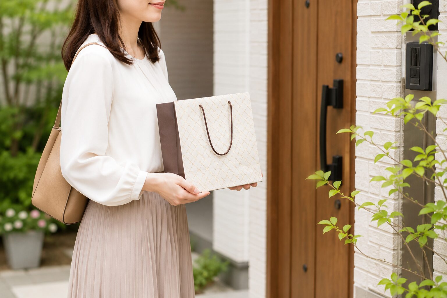 住宅の玄関前で手土産の入った紙袋を両手で持ち、訪問先へ向かう女性の様子