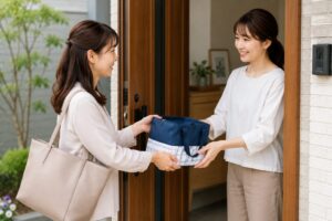 住宅の玄関先で保冷バッグに入った手土産を受け渡している女性同士の様子
