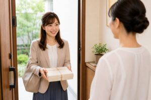 訪問先の玄関で菓子折りを両手で持ち、丁寧にあいさつをしている女性の様子