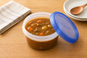 カレーを保存容器に入れ、フタを開けた状態で冷ましている様子